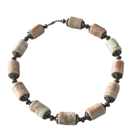 Hand Crafted Barrel Porcelain Beads Choker Bib Necklace Earth Tone Faux Jasper - Picture 3 of 11